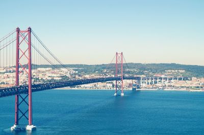 View of suspension bridge in city