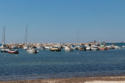 Sailboats moored in harbor against clear sky