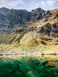 Scenic view of lake and mountains against sky