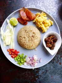 High angle view of food in plate on table