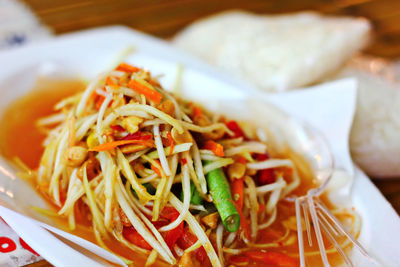 Close-up of noodles served in plate