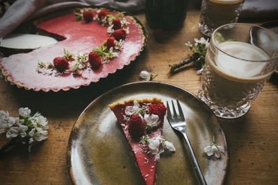 High angle view of pizza in plate on table