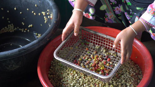 High angle view of woman preparing food in basket