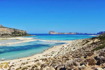 Scenic view of sea against clear blue sky