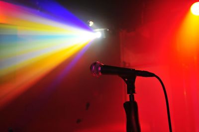 Close-up of microphone in illuminated nightclub