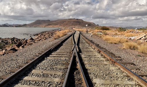 High angle view of railroad tracks against sky