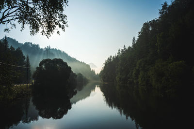 Reflection of trees in lake against sky