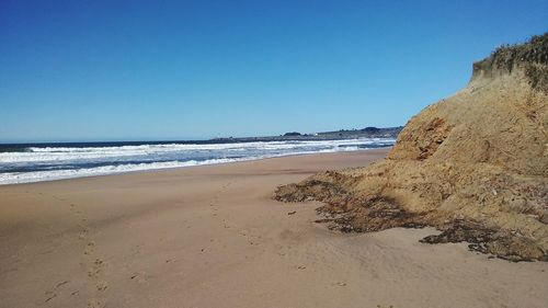 Scenic view of beach against clear blue sky