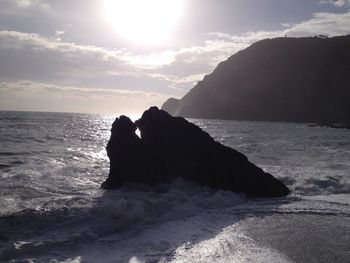 Silhouette mountain by sea against sky during sunset