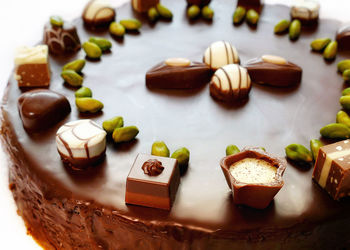 High angle view of cake served in plate on table