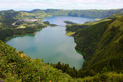 Scenic view of lake and mountains against sky