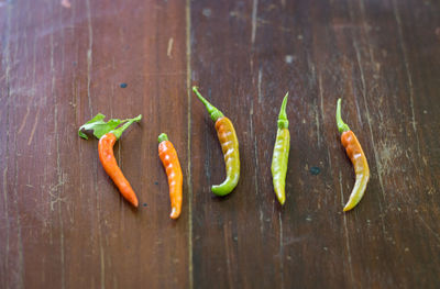 High angle view of chili pepper on table