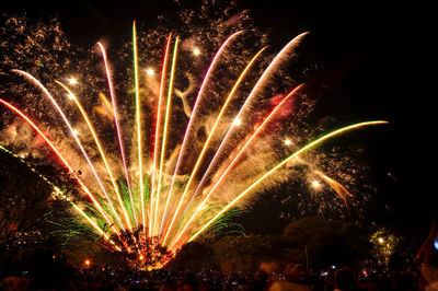 Low angle view of firework display at night