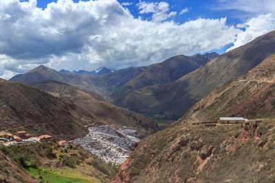 Scenic view of mountains against cloudy sky