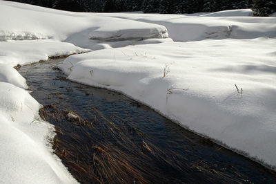 Small water stream, melting snow in the outdoors