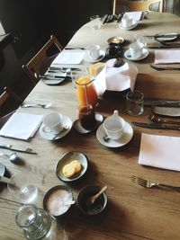 High angle view of breakfast on table