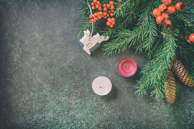 High angle view of christmas decorations on tree