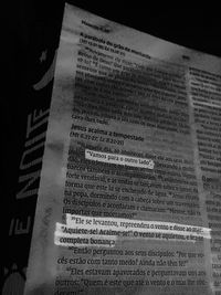 High angle view of text on book