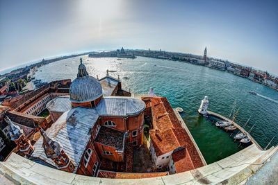 High angle view of buildings in sea