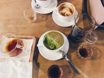 High angle view of breakfast on table