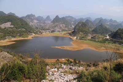 Scenic view of lake and mountains against sky