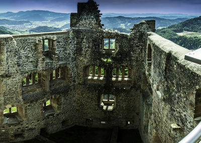 High angle view of old ruins against sky