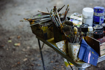 High angle view of plants in jar on field