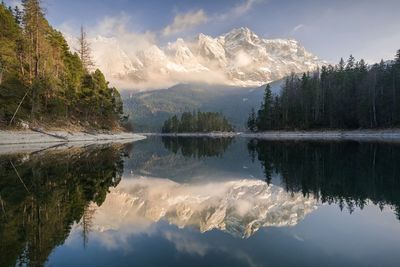 Scenic view of lake by trees against sky