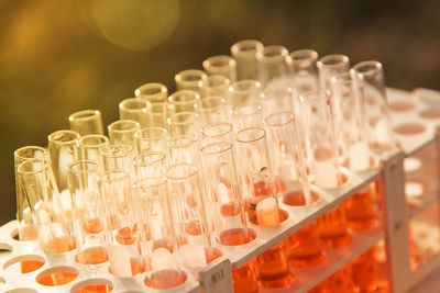 Close-up of test tubes on rack at laboratory