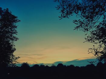 Low angle view of silhouette trees against sky at sunset