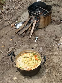 High angle view of food on barbecue grill