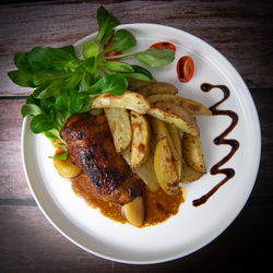 High angle view of food in plate on table