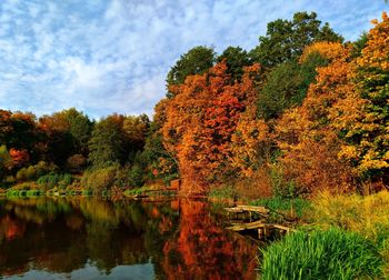 Trees by lake against sky during autumn