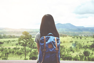 Rear view of woman looking at landscape against sky