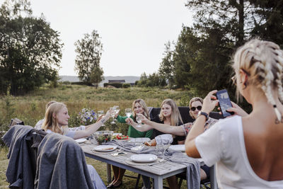 Friends during garden party