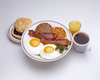 High angle view of breakfast served on table