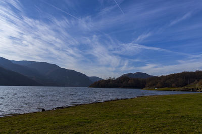 Scenic view of lake and mountains against sky