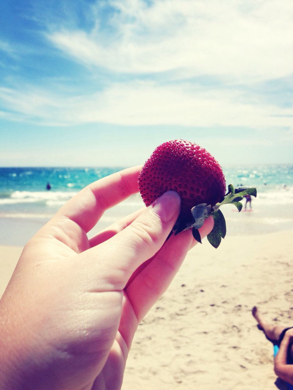 person, beach, holding, sea, part of, horizon over water, sky, leisure activity, lifestyles, sand, cropped, shore, personal perspective, unrecognizable person, focus on foreground, human finger