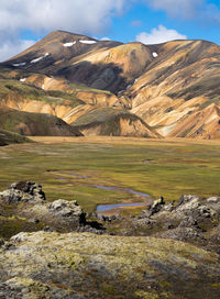 Colorful rhyolite mountains at landmannalaugar, iceland. laugavegur hiking trail in iceland