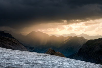 Scenic view of snowcapped mountains against sky during sunset