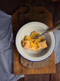 High angle view of breakfast served on table