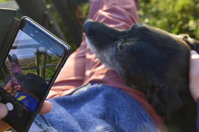 Midsection of man using mobile phone