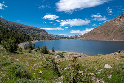 Scenic view of lake and mountains against sky