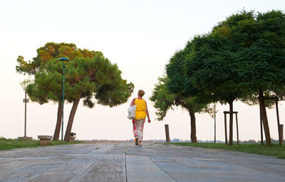 Rear view of man walking on street against clear sky