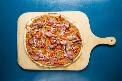 High angle view of pizza on table