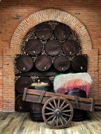 Stack of wicker basket on wooden wall