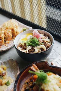 Close-up of food served on table