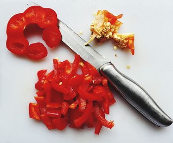 High angle view of chopped fruits in plate