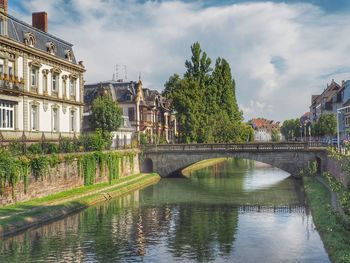 Bridge over river by buildings against sky