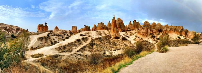 Panoramic view of rock formations against sky